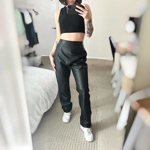 Black Soft Genuine Leather Straight Leg Baggy Pants